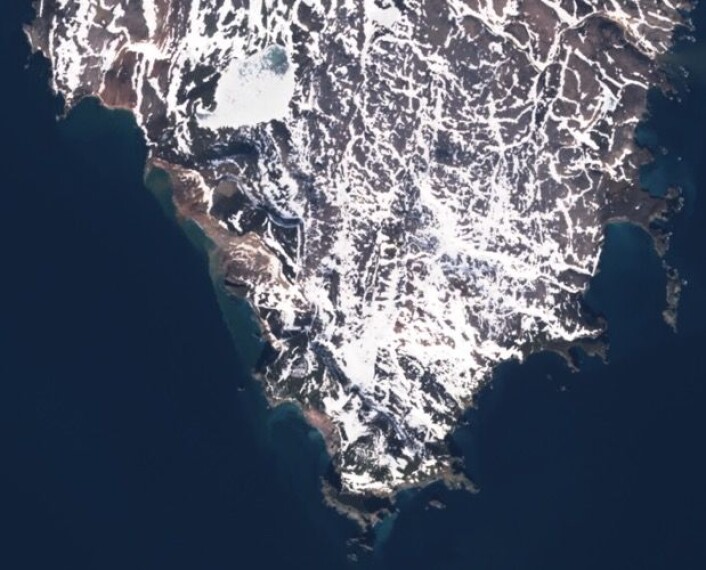 Sydspissen av Bjørnøya, observert 7. juni fra satellitten Sentinel-2A. (Bilde: Copernicus Sentinel Data 2017) Sydspissen av Bjørnøya, observert 7. juni fra satellitten Sentinel-2A. (Bilde: Copernicus Sentinel Data 2017)