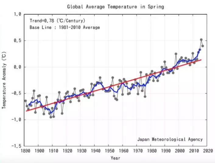 De tre siste årene har hatt de tre varmeste vårsesongene, i følge japanske JMA. Og den lange trendlinjen dras stadig oppover. (Bilde: JMA).