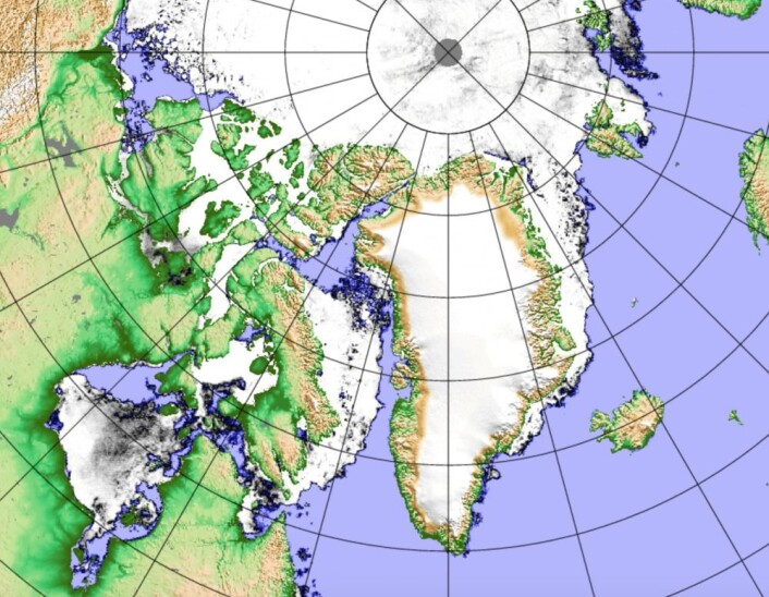 Dagens sjøiskart, basert på passiv mikrobølgemåling fra japansk satellitt. (Bilde: PolarView/Univ Bremen) Dagens sjøiskart, basert på passiv mikrobølgemåling fra japansk satellitt. (Bilde: PolarView/Univ Bremen)