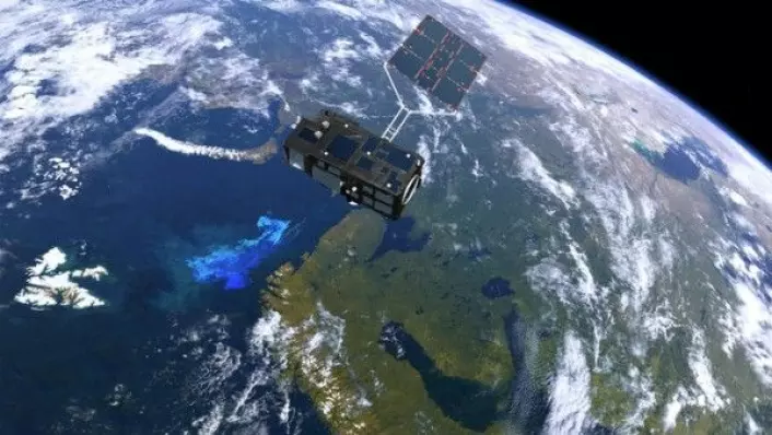 Den europeiske miljøsatellitten Sentinel-3 ble skutt opp 16. februar 2016 og måler parametre i havet, som overflatetemperatur, vindhastighet, bølgehøyde og klorofyllmengde. ESA/ATG medialab