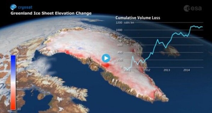 ESAs issatellitt CryoSat viser at isen på Grønland endrer seg hurtig. Mellom 2011 og 2014 mistet Grønlandsisen 1 billion tonn is. Hvert år i de tre årene bidro Grønlandsisen dobbelt så mye til verdens havnivåstigning som hvert år i de 20 årene før. Planetary Visions/CPOM/ESA ESAs issatellitt CryoSat viser at isen på Grønland endrer seg hurtig. Mellom 2011 og 2014 mistet Grønlandsisen 1 billion tonn is. Hvert år i de tre årene bidro Grønlandsisen dobbelt så mye til verdens havnivåstigning som hvert år i de 20 årene før. Planetary Visions/CPOM/ESA
