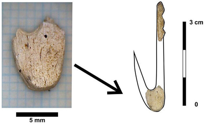 Figur som viser hvordan fragmentene utgjør deler av fiskekroker. (Illustrasjon: Per Persson/KHM) Figur som viser hvordan fragmentene utgjør deler av fiskekroker. (Illustrasjon: Per Persson/KHM)