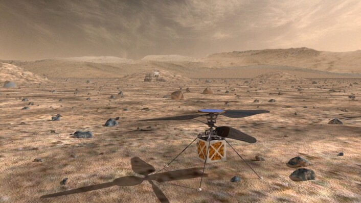 Et helikopter kan rekognosere større områder og finne interessante steder for utforsking med framtidige Mars-kjøretøyer. (Illustrasjon: NASA/JPL-Caltech) Et helikopter kan rekognosere større områder og finne interessante steder for utforsking med framtidige Mars-kjøretøyer. (Illustrasjon: NASA/JPL-Caltech)