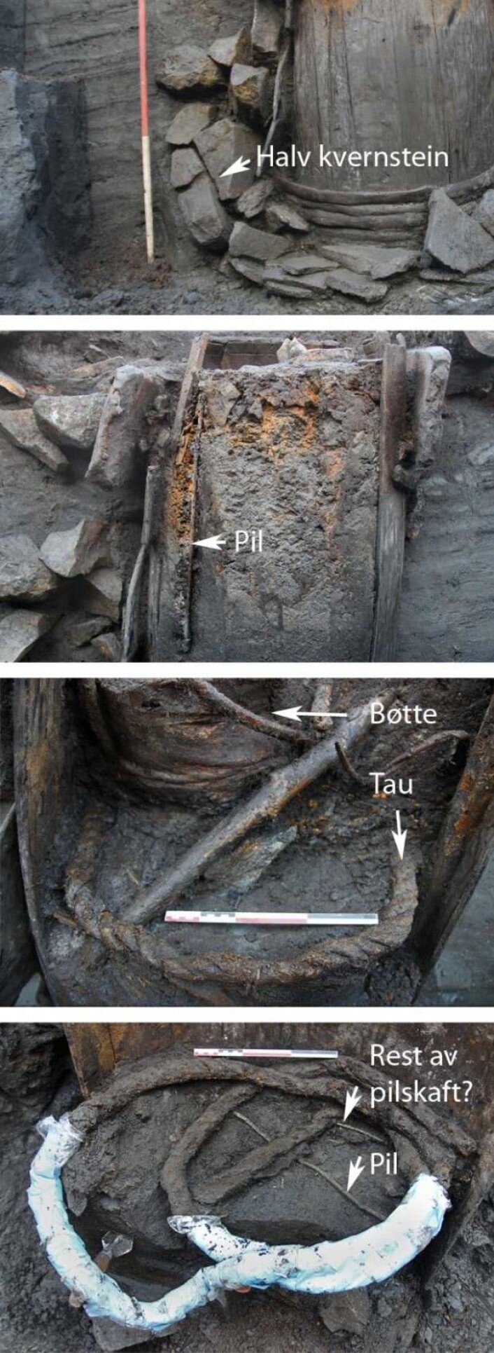 Figur 3: Noen av gjenstandene som ble funnet i brønnkonstruksjonen. Foto: NIKU 2015 Figur 3: Noen av gjenstandene som ble funnet i brønnkonstruksjonen. Foto: NIKU 2015