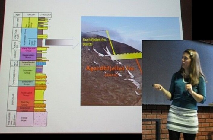 Jeg får fortelle om fossilene fra Svalbard for en gjeng lærere. Moro med stratigrafi! (Foto: Gunn Kristin Tjoflot) Jeg får fortelle om fossilene fra Svalbard for en gjeng lærere. Moro med stratigrafi! (Foto: Gunn Kristin Tjoflot)