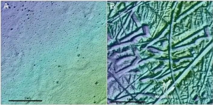 Havbunnsrelieff fra to områder som viser områder med pockmarks (A) og pløyemerker etter isfjell samt korallrev (B). (Foto: MAREANO)