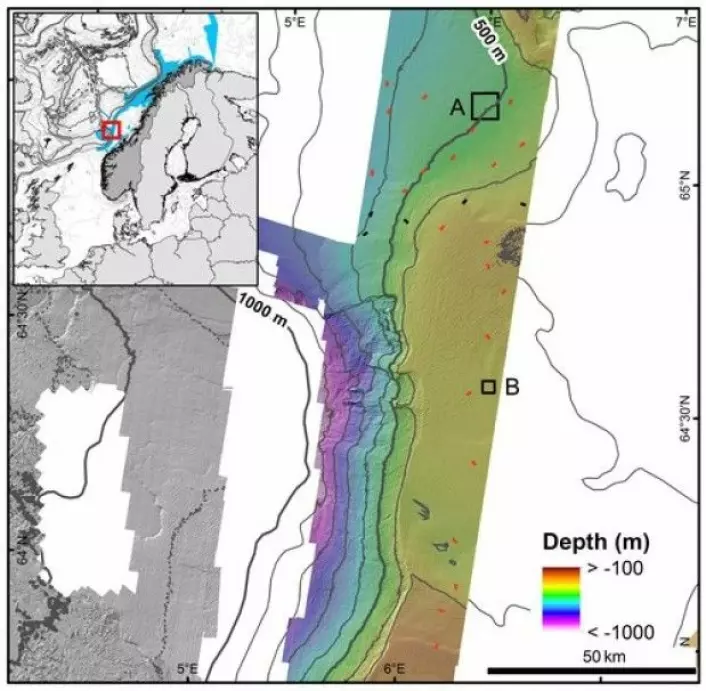 Oversiktskart som viser bunntopografien i det sydlige kartleggingsområdet og eksempler på områder med pockmarks (A) og pløyemerker etter isfjell samt korallrev (B). (Kart: MAREANO)