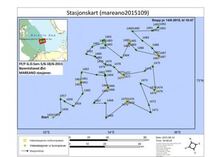 MAREANO undersøkte lokaliteter/stasjoner i det sentrale Barentshavet frem til og med 14. juni. (Kart: MAREANO) MAREANO undersøkte lokaliteter/stasjoner i det sentrale Barentshavet frem til og med 14. juni. (Kart: MAREANO)