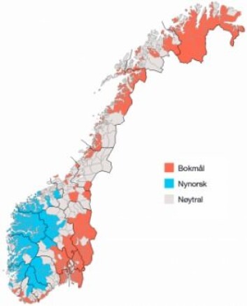 Eit kart over offisielle målformer i norske kommunar (Ill.: Wikimedia Commons) Eit kart over offisielle målformer i norske kommunar (Ill.: Wikimedia Commons)
