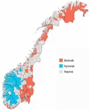 Eit kart over offisielle målformer i norske kommunar (Ill.: Wikimedia Commons)