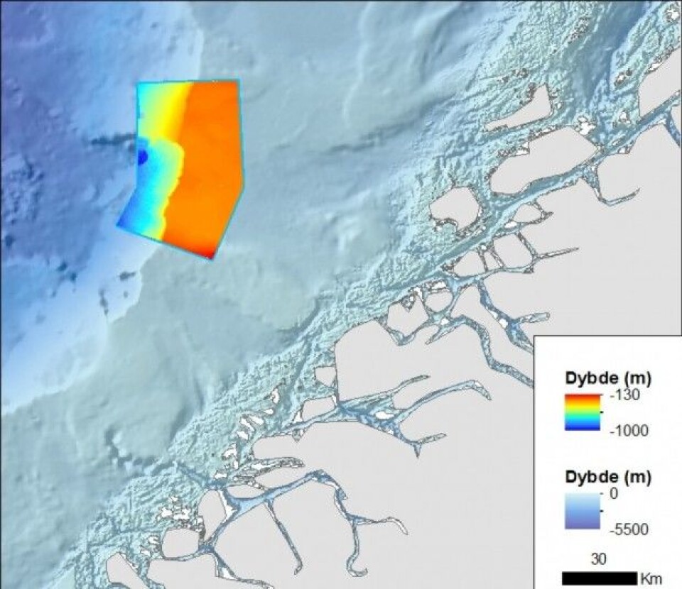 Figur 1. Storneset med farget dybdekart. Det avgrensede området er ca. 2700 km2 stort, og ligger utenfor Mørekysten. (Foto: MAREANO) Figur 1. Storneset med farget dybdekart. Det avgrensede området er ca. 2700 km2 stort, og ligger utenfor Mørekysten. (Foto: MAREANO)