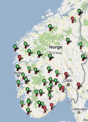 Kart 2. Distribusjon av de (grøne bobler) og di (raude boblar) som former for personleg pronomen 2. pers. fleirtal i Nordisk Dialektkorpus Kart 2. Distribusjon av de (grøne bobler) og di (raude boblar) som former for personleg pronomen 2. pers. fleirtal i Nordisk Dialektkorpus