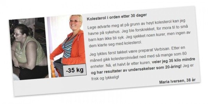 På nettsidene til de som vil selge deg Verbisan møter du «Maria Iversen». Bildet av denne personen brukes hyppig i reklame for slankemidler på nettet. (Skjermbilde av <a href="http://ultimateoccasion.com/47/ve-bnme-10985/gps/">denne nettsiden</a>) På nettsidene til de som vil selge deg Verbisan møter du «Maria Iversen». Bildet av denne personen brukes hyppig i reklame for slankemidler på nettet. (Skjermbilde av <a href="http://ultimateoccasion.com/47/ve-bnme-10985/gps/">denne nettsiden</a>)