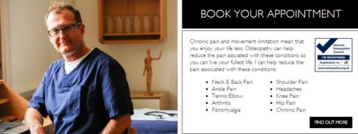 Mannen som får bildet sitt misbrukt i annonsene for FlexRepair er en helt vanlig osteopat fra England. (Skjermbilde) Mannen som får bildet sitt misbrukt i annonsene for FlexRepair er en helt vanlig osteopat fra England. (Skjermbilde)