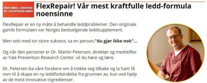 «Dr. Martin Pedersen» skal være direktør og medstifter av Yale Prevention Center, et sted som ikke finnes. (Skjermbilde fra FlexRepairs norske nettside) «Dr. Martin Pedersen» skal være direktør og medstifter av Yale Prevention Center, et sted som ikke finnes. (Skjermbilde fra FlexRepairs norske nettside)