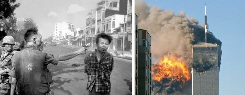 Bilder som endret verdenshistorien: Brutale fotos bidro til at Vietnamkrigen ble avsluttet, mens bildene av tvillingtårnene i brann førte til invasjon i Afghanistan. (Foto: Til venstre – AP Photo, Eddie Adams, File. Til høyre – Robert CC-BY-SA 2.0 Generic.