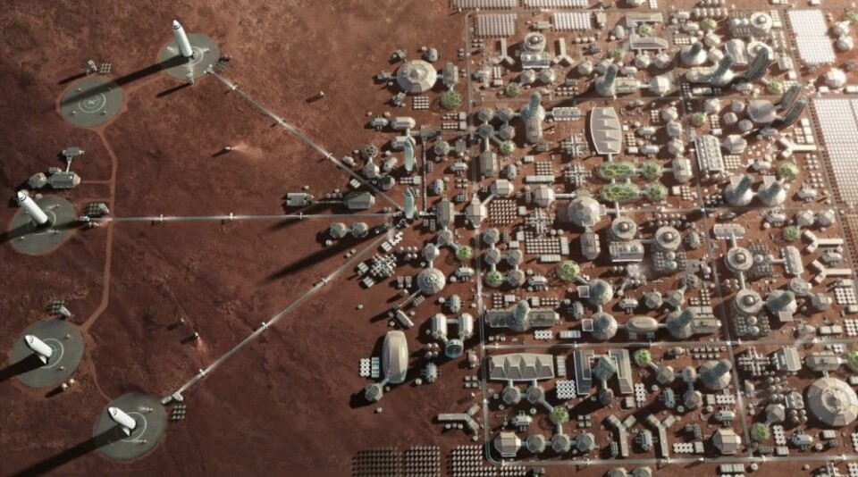 På sikt ønsker Elon Musk å terraforme Mars – gjøre planeten beboelig med luft vi kan puste og vann på overflaten, som for lenge siden da Mars var ung. Raketten BFR skal etter planene gå i skytteltrafikk fra Jorda med mennesker som vil bygge byer og gjøre oss til en flerplanetarisk art. (Illustrasjon: SpaceX, fra YouTube-video av foredraget Elon Musk holdt på romkongressen IAC i Adelaide, Australia 20.9.2017)