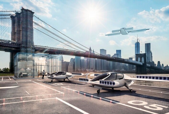 Lilium Jet tar av og lander vertikalt med vingeklaffer vridd vertikalt slik at de 36 rotorene peker ned. Under flukt vris vingeklaffene opp og vingene gir løft. (Illustrasjon: Lilium) Lilium Jet tar av og lander vertikalt med vingeklaffer vridd vertikalt slik at de 36 rotorene peker ned. Under flukt vris vingeklaffene opp og vingene gir løft. (Illustrasjon: Lilium)