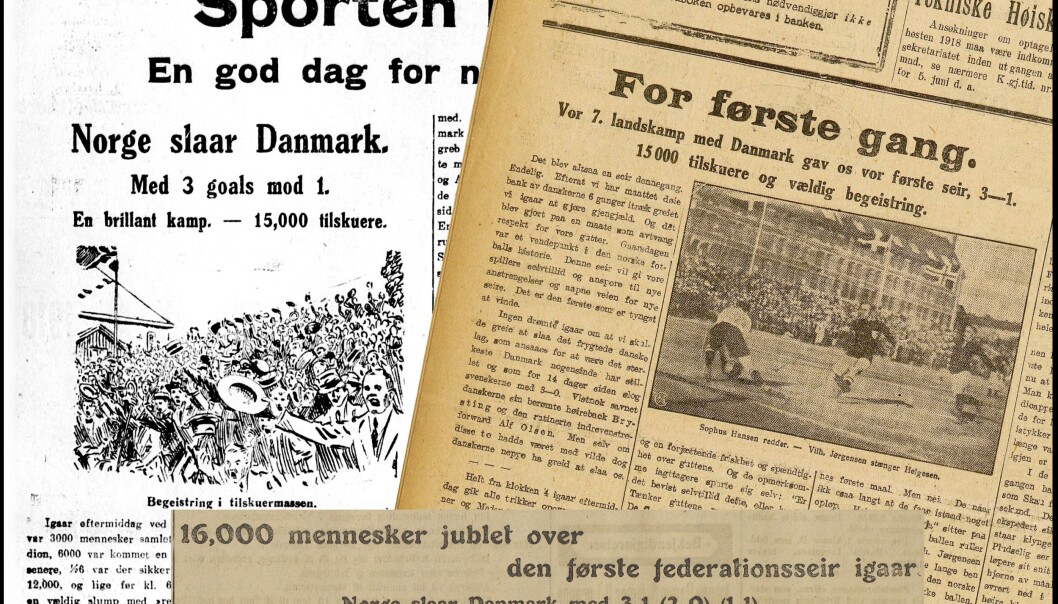 Norske aviser gikk av hengslene da Norge endelig vant sin første seier. (Illustrasjon: Eivind Torgersen, faksimiler fra Aftenposten, Dagbladet og Morgenbladet 17. juni 1918)r Norske aviser gikk av hengslene da Norge endelig vant sin første seier. (Illustrasjon: Eivind Torgersen, faksimiler fra Aftenposten, Dagbladet og Morgenbladet 17. juni 1918)r
