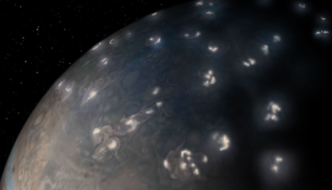 Massevia av lyn på Jupiters nordlige halvkule sett av sonden Juno. (Foto: NASA/JPL-Caltech/SwRI/JunoCam) Massevia av lyn på Jupiters nordlige halvkule sett av sonden Juno. (Foto: NASA/JPL-Caltech/SwRI/JunoCam)