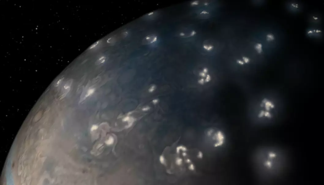 Massevia av lyn på Jupiters nordlige halvkule sett av sonden Juno. (Foto: NASA/JPL-Caltech/SwRI/JunoCam)