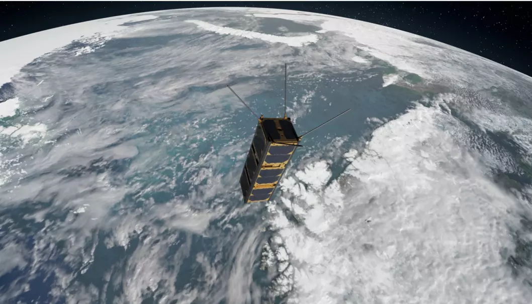 Ved NTNU bygger forskere to små satellitter som skal gå i bane over polene, 500 kilometer oppe i lufta med en fart på 25 000 kilometer i timen.  (Illustrasjonsbilde: BugAs/GOMspace/NTNU)