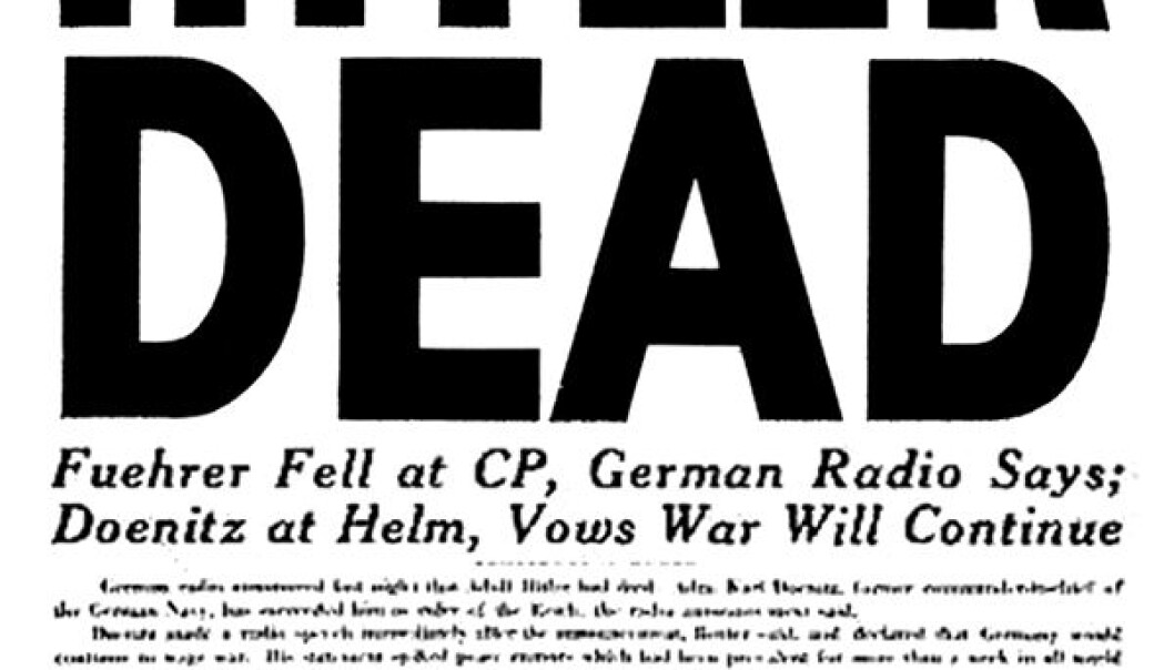 Her er oppslaget om Hitlers død i den amerikanske hæravisa Stars and Stripes 2. mai 1945. (Fra Bundesarchiv, Bild 183-S62600 / CC BY-SA 3.0 DE) Her er oppslaget om Hitlers død i den amerikanske hæravisa Stars and Stripes 2. mai 1945. (Fra Bundesarchiv, Bild 183-S62600 / CC BY-SA 3.0 DE)