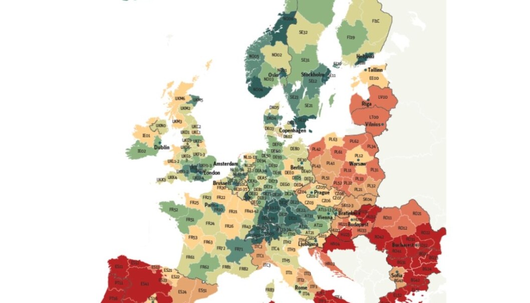 Slik kan befolkning og økonomi utvikle seg i Europas regioner de neste tiårene. Desto grønnere farge på regionen, desto bedre framtidsutsikter. Omvendt med rødfargen. (Data: Eurostat. Grafikk: Berlin-instituttet) Slik kan befolkning og økonomi utvikle seg i Europas regioner de neste tiårene. Desto grønnere farge på regionen, desto bedre framtidsutsikter. Omvendt med rødfargen. (Data: Eurostat. Grafikk: Berlin-instituttet)