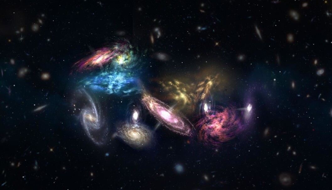 Slik ser en kunstner for seg hvordan denne galaksehopen ser ut. (Bilde: NRAO/AUI/NSF; S. Dagnello) Slik ser en kunstner for seg hvordan denne galaksehopen ser ut. (Bilde: NRAO/AUI/NSF; S. Dagnello)