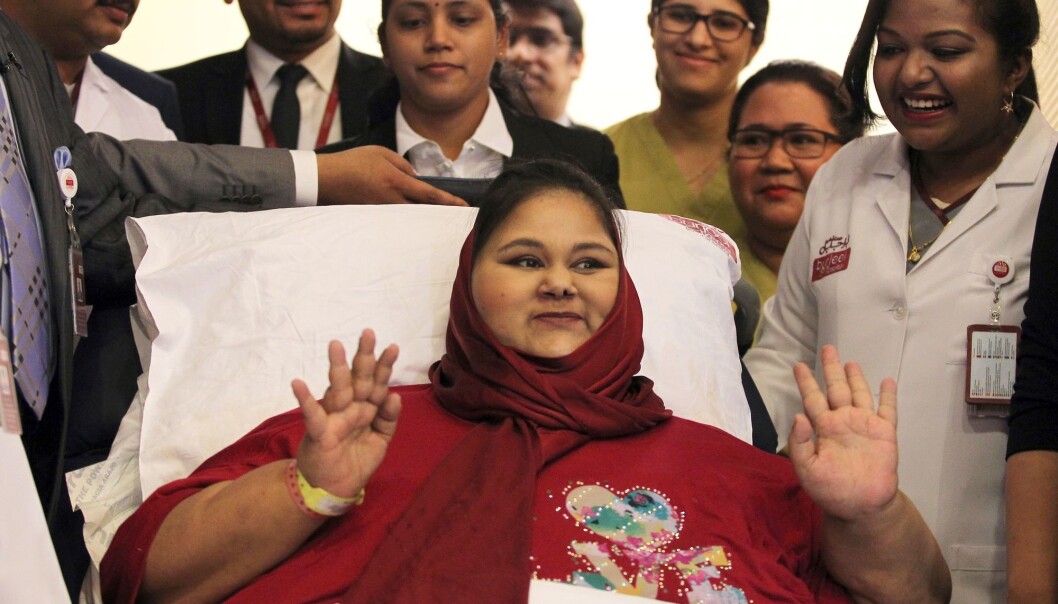Egyptiske Eman Ahmed Abd El Aty ble regnet som verdens tyngste kvinne, fram til hun i fjor sommer døde av problemer med hjerte og nyrer. Bildet er tatt fra en pressekonferanse hun holdt på Burjeel-sykehuset i Abu Dhabi. Egypt er et av landene i verden som er hardest rammet av fedmeepidemien. (Foto: Saeed Bashar/AFP/NTB scanpix) Egyptiske Eman Ahmed Abd El Aty ble regnet som verdens tyngste kvinne, fram til hun i fjor sommer døde av problemer med hjerte og nyrer. Bildet er tatt fra en pressekonferanse hun holdt på Burjeel-sykehuset i Abu Dhabi. Egypt er et av landene i verden som er hardest rammet av fedmeepidemien. (Foto: Saeed Bashar/AFP/NTB scanpix)