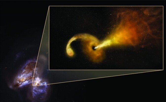 Til venstre et bilde som romteleskopet Hubble har tatt av Arp 299 – et par kolliderende galakser. Til høyre en kunstners fortolkning av hvordan det sorte hullet i Arp 299 fortærer en stjerne og spytter ut en strøm av stjernemateriale. (Illustraion: Sophia Dagnello, NRAO/AUI/NSF; NASA, STSCI) Til venstre et bilde som romteleskopet Hubble har tatt av Arp 299 – et par kolliderende galakser. Til høyre en kunstners fortolkning av hvordan det sorte hullet i Arp 299 fortærer en stjerne og spytter ut en strøm av stjernemateriale. (Illustraion: Sophia Dagnello, NRAO/AUI/NSF; NASA, STSCI)