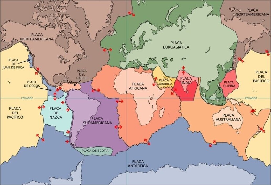 Jorda har i dag flere jordskorpeplater (tektoniske plater) som «flyter» rundt omkring. Seks av dem ligger under de store kontinentene – Eurasia, Afrika, Australia, Antarktis, Nord-Amerika og Syd-Amerika. Andre plater er dekket av hav, som den enorme Stillehavsplata. Platene er i konstant bevegelse, de beveger seg fra to til fem centimeter hver år. Pilene viser hvilken retning de går. Noen ganger driver plater fra hverandre. Andre ganger kolliderer de – gjerne slik at den ene plata skyves inn over den andre. Slike kollisjoner presser i dag opp både Alpene, Himalaya og Andesfjellene. Under Norge er det ingen plater som verken kolliderer eller driver fra hverandre. (Illustrasjon: Scott Nash/Wikimedia Commons) Jorda har i dag flere jordskorpeplater (tektoniske plater) som «flyter» rundt omkring. Seks av dem ligger under de store kontinentene – Eurasia, Afrika, Australia, Antarktis, Nord-Amerika og Syd-Amerika. Andre plater er dekket av hav, som den enorme Stillehavsplata. Platene er i konstant bevegelse, de beveger seg fra to til fem centimeter hver år. Pilene viser hvilken retning de går. Noen ganger driver plater fra hverandre. Andre ganger kolliderer de – gjerne slik at den ene plata skyves inn over den andre. Slike kollisjoner presser i dag opp både Alpene, Himalaya og Andesfjellene. Under Norge er det ingen plater som verken kolliderer eller driver fra hverandre. (Illustrasjon: Scott Nash/Wikimedia Commons)