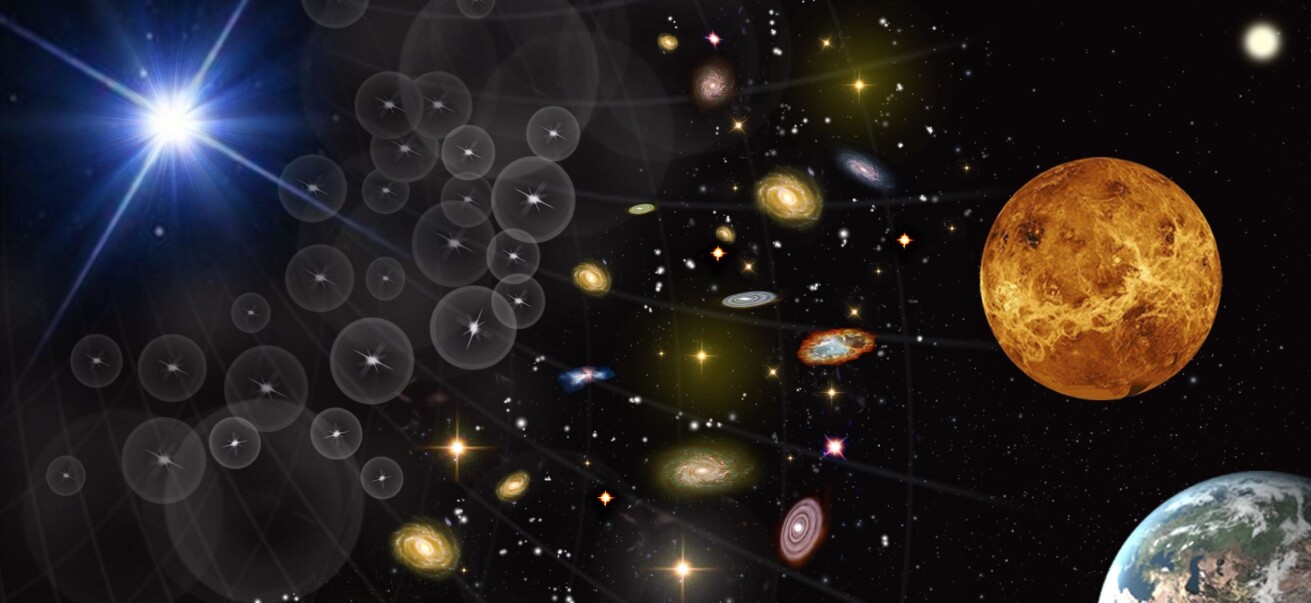 Gammaglimt (t.v.), galakser (midten) og Venus (ø.t.h.). (Illustrasjon: ESA) Gammaglimt (t.v.), galakser (midten) og Venus (ø.t.h.). (Illustrasjon: ESA)