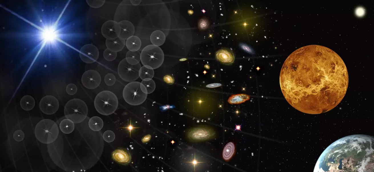 Gammaglimt (t.v.), galakser (midten) og Venus (ø.t.h.). (Illustrasjon: ESA)