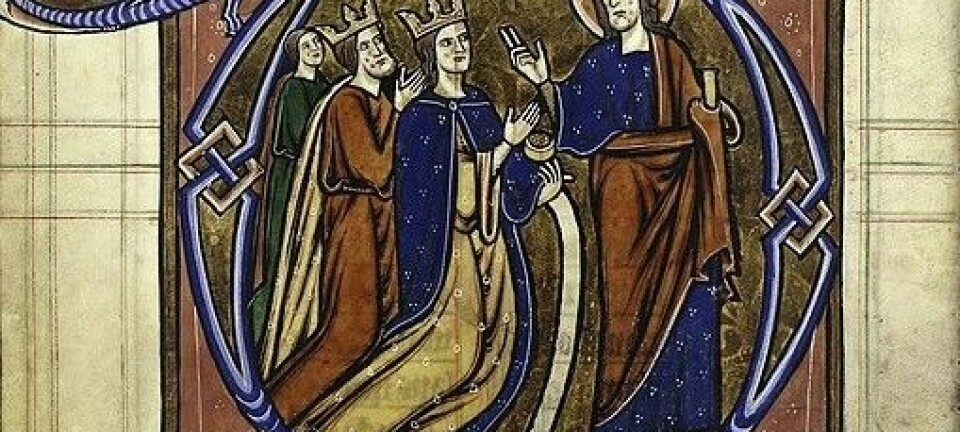 Kongen og dronningen fra Margrete Skulesdatters psalter, en rikt illustrert engelsk andaktsbok som kom til Norge midt på 1200-tallet. (Illustrasjonsfoto: Wikimedia Commons)