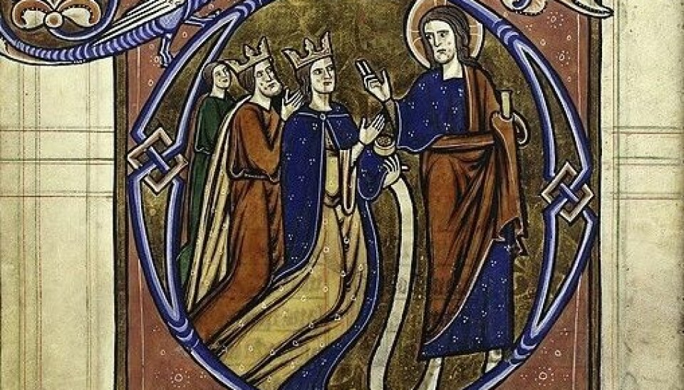 Kongen og dronningen fra Margrete Skulesdatters psalter, en rikt illustrert engelsk andaktsbok som kom til Norge midt på 1200-tallet. (Illustrasjonsfoto: Wikimedia Commons)