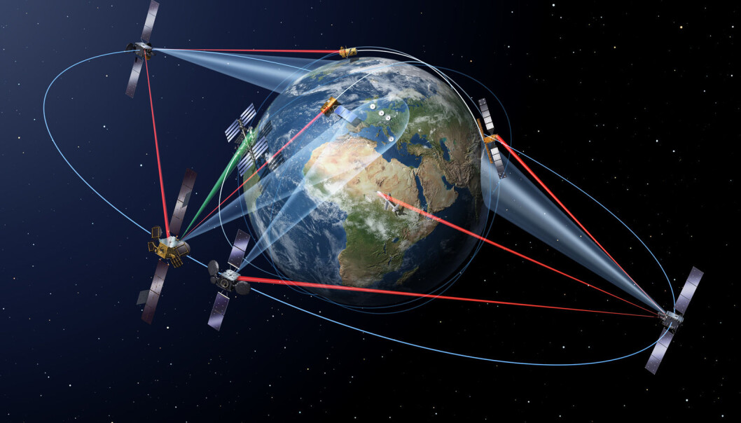 European Data Relay System (EDRS) overfører data mellom satellitter via laser. (Illustrasjon: ESA) European Data Relay System (EDRS) overfører data mellom satellitter via laser. (Illustrasjon: ESA)