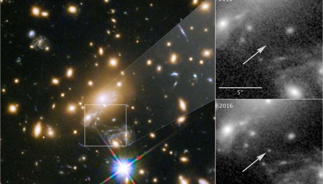 Øverst til høyre et bilde fra 2011, der Icarus ikke er synlig. Det nederste bildet er tatt i 2016, da Icarus har blitt synlig. (Foto: NASA, ESA, Patrick Kelly/University of Minnesota) Øverst til høyre et bilde fra 2011, der Icarus ikke er synlig. Det nederste bildet er tatt i 2016, da Icarus har blitt synlig. (Foto: NASA, ESA, Patrick Kelly/University of Minnesota)