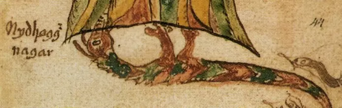 Udyret Nidhogg tygger på røttene til verdenstreet Yggdrasil. Nidhogg blir omtalt som både orm og dragelignende. (Bilde: Islandsk manuskript)
