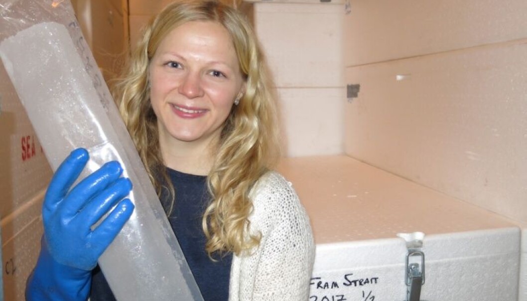 Tine Nilsen viser frem en iskjerne fra fryselageret ved Norsk Polarinstitutt. Lagene i iskjerner kan fortelle om klimaet bakover i tid. (Foto: Vibeke Os) Tine Nilsen viser frem en iskjerne fra fryselageret ved Norsk Polarinstitutt. Lagene i iskjerner kan fortelle om klimaet bakover i tid. (Foto: Vibeke Os)