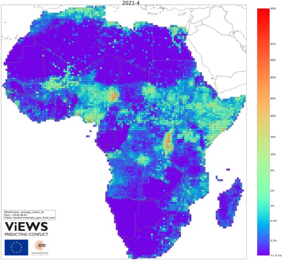 Kartet viser sannsynligheten for konflikter i Afrika i 2021. Jo varmere farge, desto større fare. (Illustrasjon: ViEWS) Kartet viser sannsynligheten for konflikter i Afrika i 2021. Jo varmere farge, desto større fare. (Illustrasjon: ViEWS)