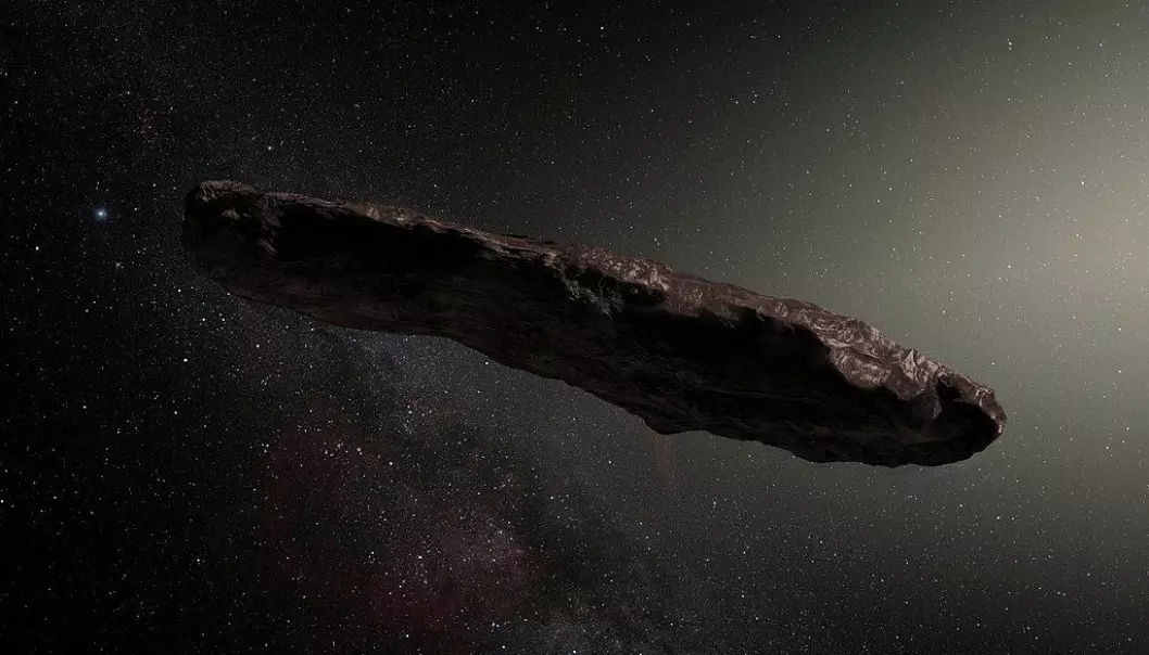 Slik har en kunstner sett for seg det interstellare objektet Oumuamua. (Bilde: ESO/M CC BY-SA 4.0)