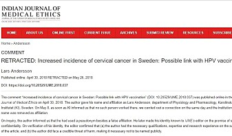 Denne artikkelen som handlet om at HPV-vaksinen kan være skyldig i økt forekomst av livmorhalskreft i visse deler av Sverige, er trukket tilbake. (Skjermdump fra Indian Journal of Medical Ethics) Denne artikkelen som handlet om at HPV-vaksinen kan være skyldig i økt forekomst av livmorhalskreft i visse deler av Sverige, er trukket tilbake. (Skjermdump fra Indian Journal of Medical Ethics)