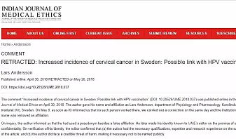 Denne artikkelen som handlet om at HPV-vaksinen kan være skyldig i økt forekomst av livmorhalskreft i visse deler av Sverige, er trukket tilbake. (Skjermdump fra Indian Journal of Medical Ethics)