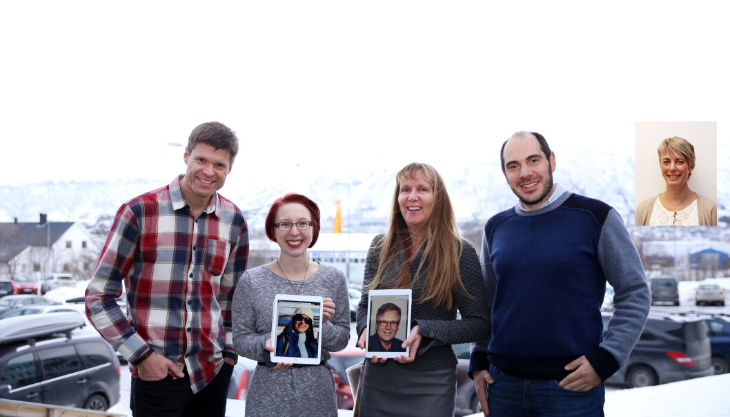 Forskningsgruppa fra venstre: Prof. Eirik Årsand, PhD-student Meghan Bradway, MD Anne Grethe Olsen, Dr. Konstantinos Antypas og MD PhD Anne Helen Hansen. På nettbrett og bilde: Dr. Elia Gabarron, Prof. Dr. Gunnar Hartvigsen og Anne Helen Hansen. (Foto: Jarl-Stian Olsen) Forskningsgruppa fra venstre: Prof. Eirik Årsand, PhD-student Meghan Bradway, MD Anne Grethe Olsen, Dr. Konstantinos Antypas og MD PhD Anne Helen Hansen. På nettbrett og bilde: Dr. Elia Gabarron, Prof. Dr. Gunnar Hartvigsen og Anne Helen Hansen. (Foto: Jarl-Stian Olsen)
