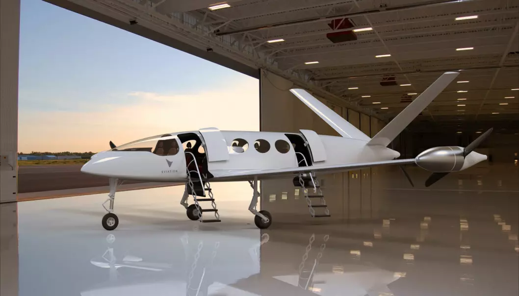 El-flyet Eviation Alice skal ifølge planene få et vingespenn på 13,5 meter og fly i  3000 meters høyde. Skroget er laget av karbonkompositt-materiale. (Illustrasjon: www.eviation.co)