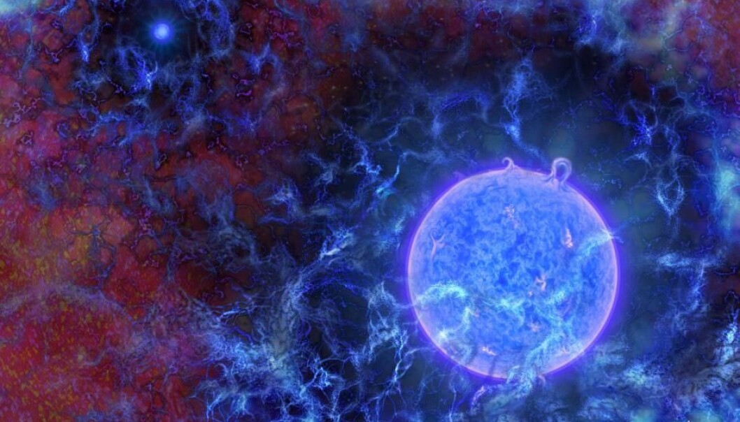 De første stjernene var sannsynligvis blå superkjemper. De sørget for at det kom lys i universet, og de påvirket bakgrunnsstrålingen. (Illustrasjon: N.R.Fuller/National Science Foundation) De første stjernene var sannsynligvis blå superkjemper. De sørget for at det kom lys i universet, og de påvirket bakgrunnsstrålingen. (Illustrasjon: N.R.Fuller/National Science Foundation)