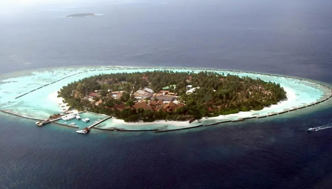 En øy i Maldivene med et tydelig korallrev rundt. (Foto: PalawanOz) En øy i Maldivene med et tydelig korallrev rundt. (Foto: PalawanOz)