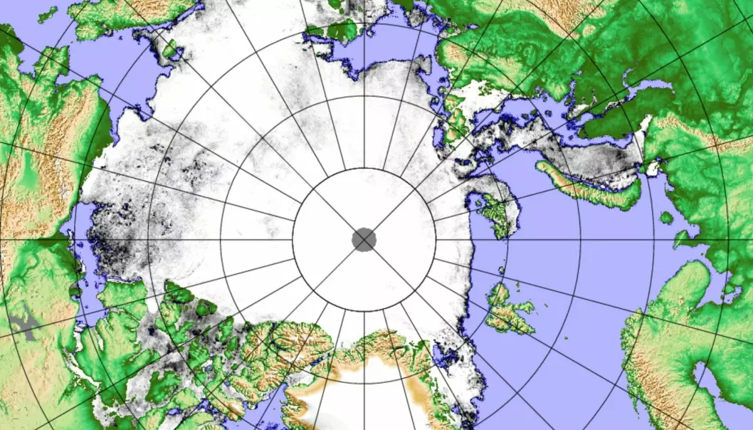 Iskart 1. juli basert på data fra det japanske satellitt-instrumentet AMSR2. (Bilde: Univ Bremen/PolarView)