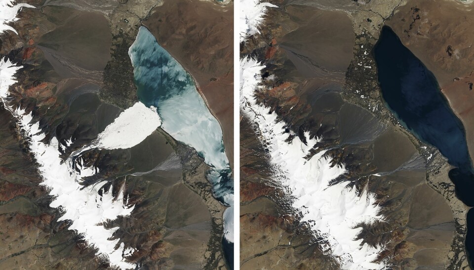 En tredel av en isbre i Aru-fjell i Tibet forsvant i et voldsomt skred i juli 2016. Satelittbilder viser isbreen før (til høyre) og etter skredet (til venstre). Bare to måneder senere raste enda en isbre bare et par kilometer fra.  (Foto: NASA Earth Observatory via The New York Times)